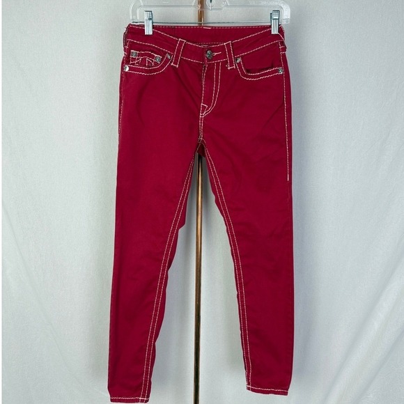 True Religion Red Skinny Jeans White Stitching Punk Rock Biker Style - Picture 1 of 14